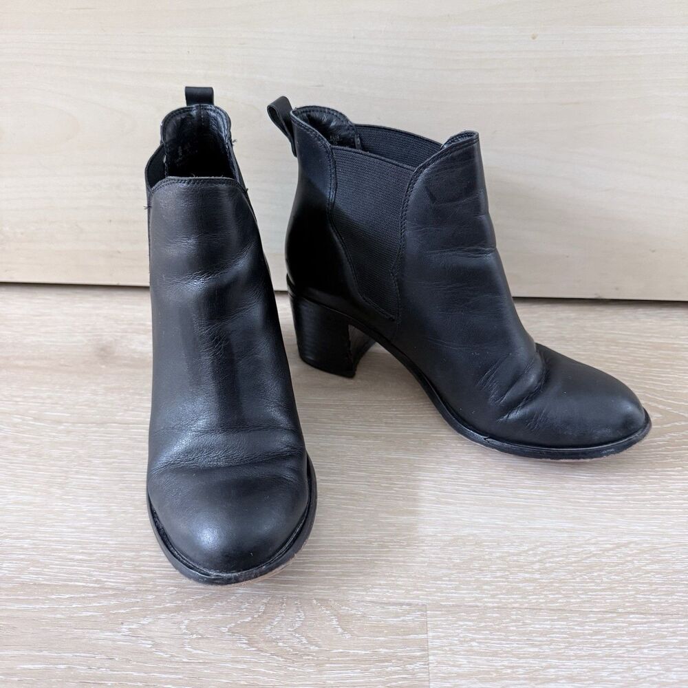 Sam Edelman Justin Black Leather Chelsea Ankle Boots Block Heel Almond Toe 6 M